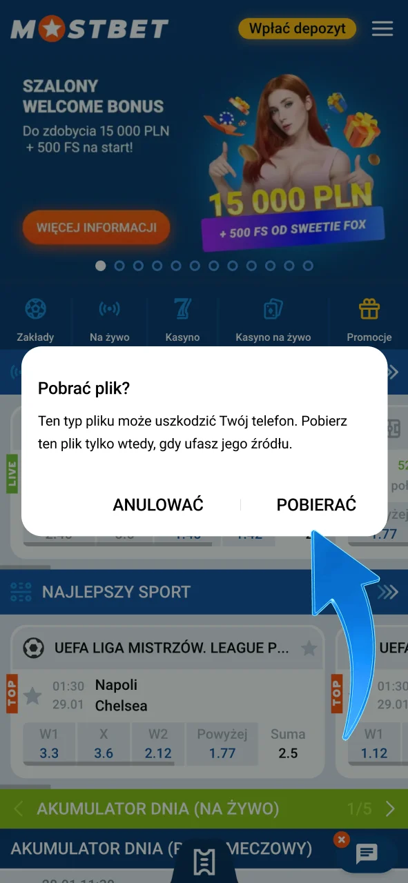 Pobierz plik APK Mostbet Polska i rozpocznij grę online.