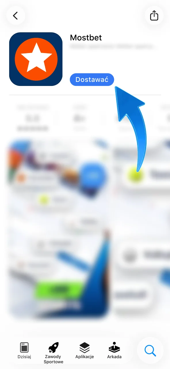 Zainstaluj aplikację Mostbet Polska na iOS klikając niebieski przycisk.