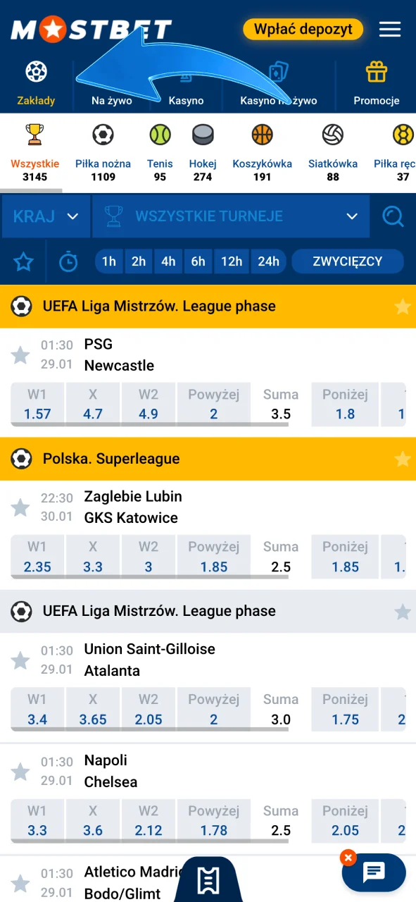 Otwórz sekcję sportową w Mostbet i obstawiaj mecze online.