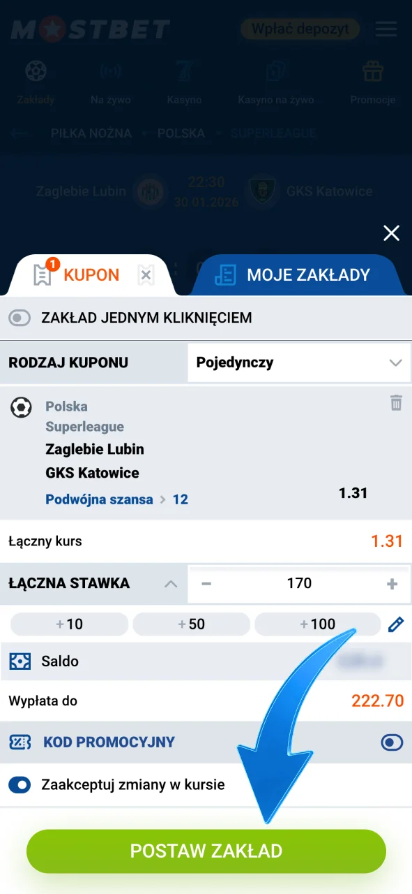 Postaw zakład w Mostbet i wybierz kurs oraz kwotę.