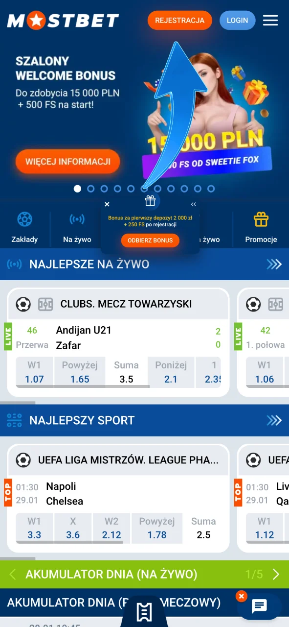 Zarejestruj się w Mostbet lub zaloguj się na swoje konto.