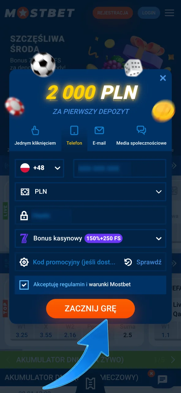 Zarejestruj się w Mostbet i wybierz wygodną metodę rejestracji.