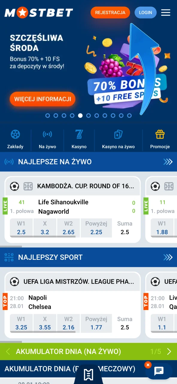 Utwórz konto lub zaloguj się w Mostbet Polska i rozpocznij grę.