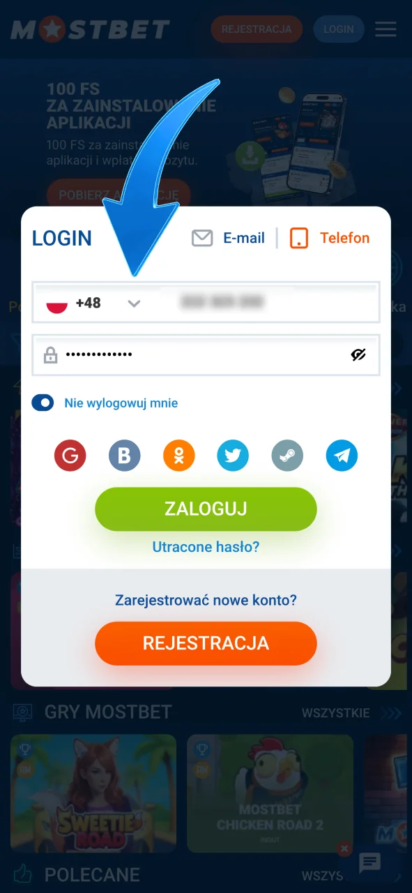 Wprowadź e-mail lub telefon i hasło, aby zalogować się do Mostbet Polska.