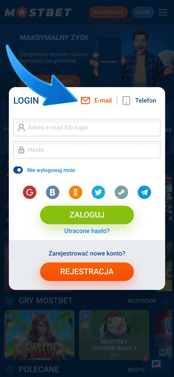 Zaloguj się do Mostbet PL wybierając preferowaną metodę logowania.