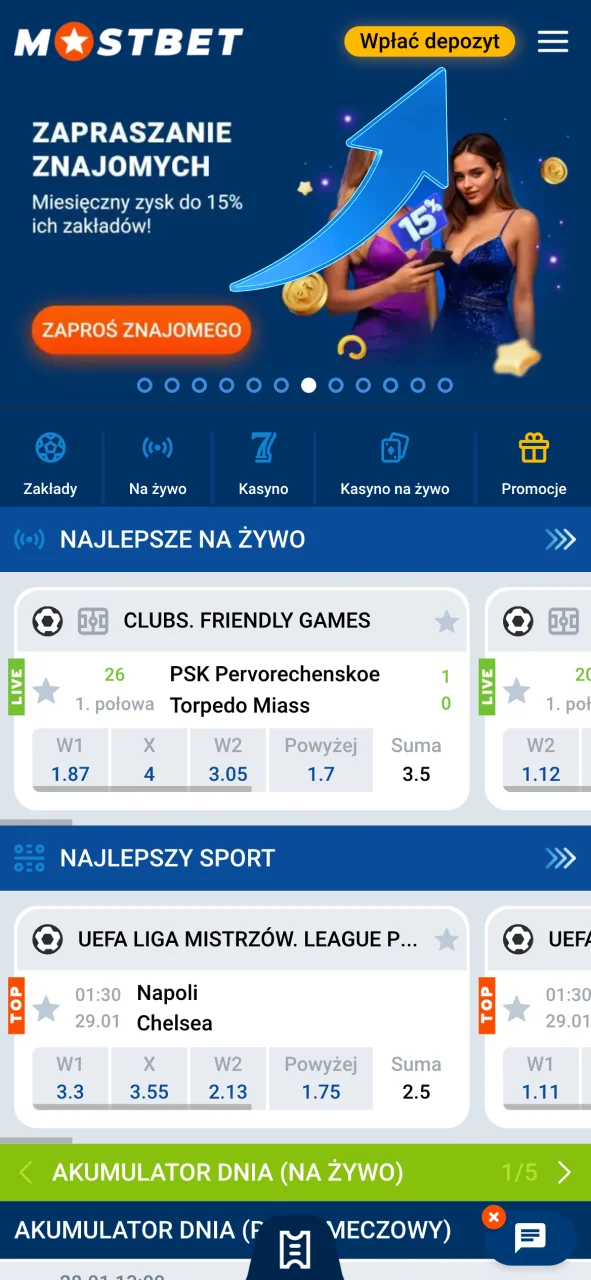 Otwórz sekcję wpłat w Mostbet i wybierz metodę płatności.