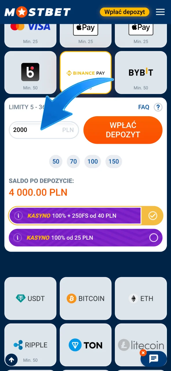 Wpisz wymagane informacje w formularzu depozytu Mostbet Polska.