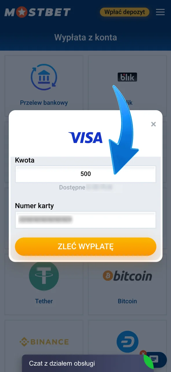 Wpisz kwotę wypłaty i wymagane informacje w Mostbet Polska.