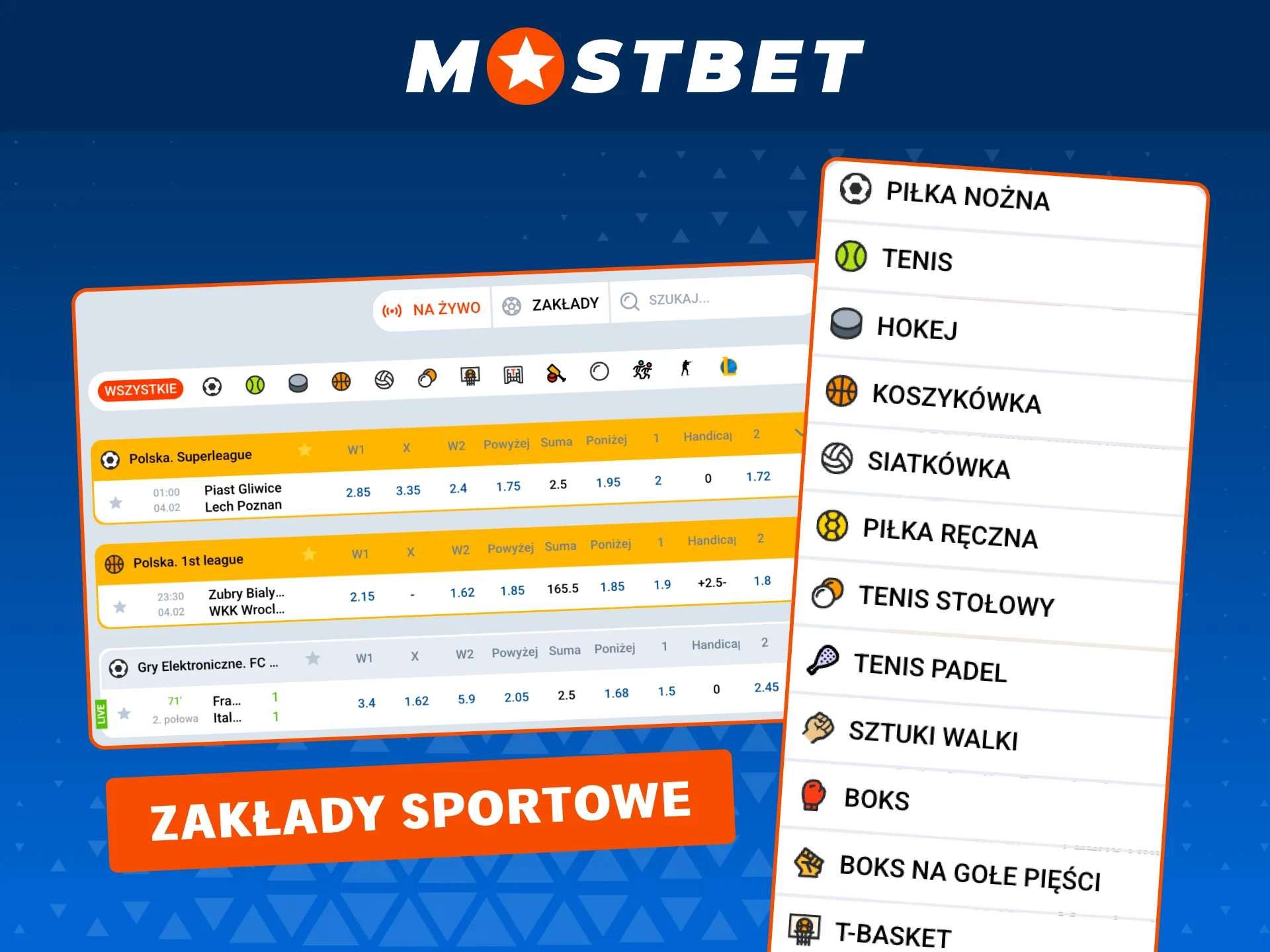 Obstawiaj piłkę nożną, tenis i inne sporty w Mostbet na żywo i przed meczem.