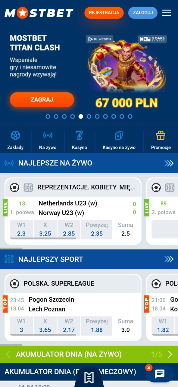 Przeglądaj stronę główną w oficjalny aplikacji mobilnej polskiej marki Mostbet.