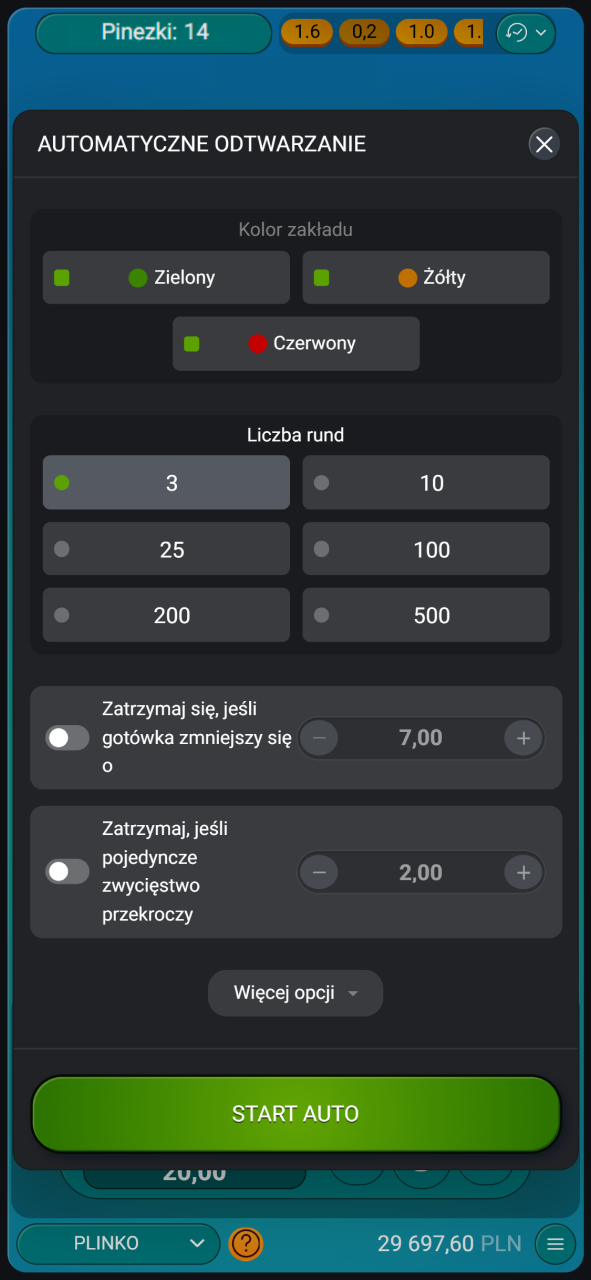 Uruchom tryb automatyczny w Plinko i obserwuj spadające kulki w Mostbet.