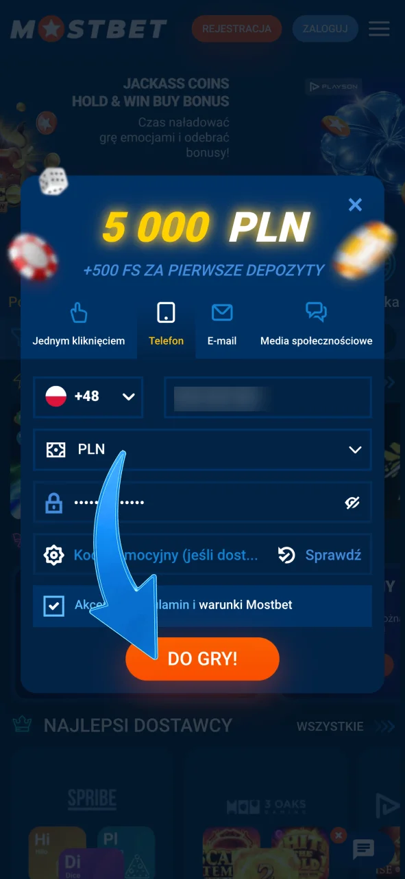Kliknij przycisk zarejestruj się w Mostbet, utwórz swoje konto teraz.