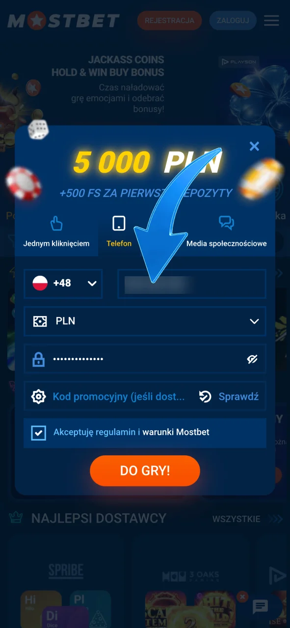 Wprowadź swój numer telefonu w Mostbet, wypełnij formularz szybko.